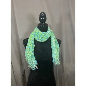 Unbranded Green Blue Yellow Multi Color Open Knit Fringe Scarf Boho Confetti